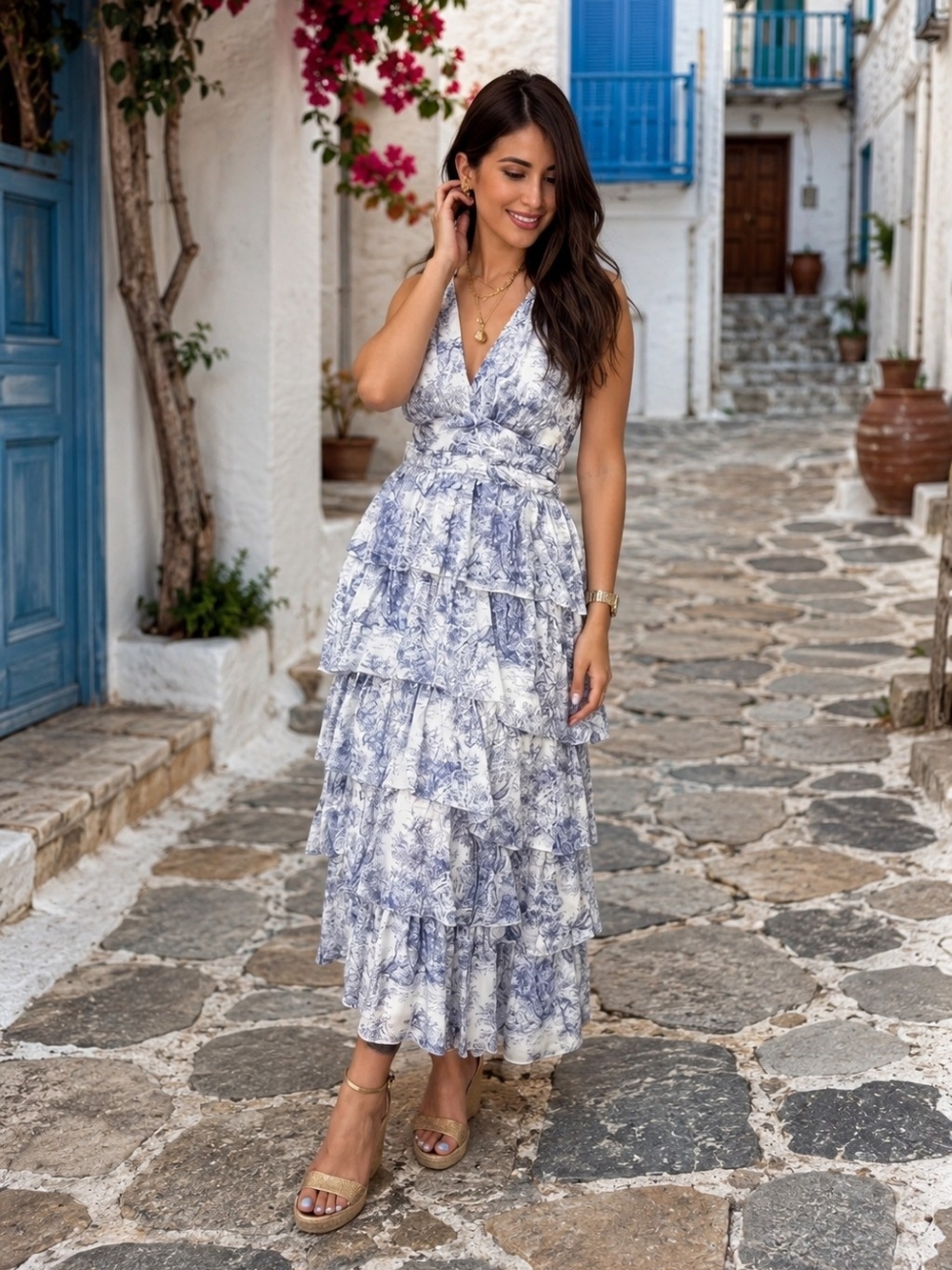 1. STATE Toile Print V-Neck Sleeveless Ruffle Midi A-Line Dress